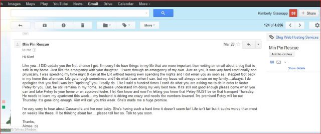 Aimee - email Mar 25 she says Peties safe in her home